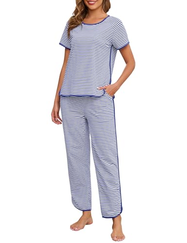 Image of Womens Pajama Sets Cotton 2 Piece Lounge Set Stripe Short Sleeve Pj Set Comfy Loungewear Sleepwear with Pockets