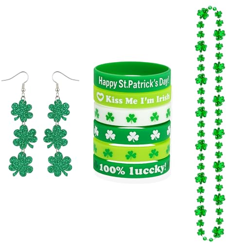 qztavyni St. Patrick’s Day Shamrock Jewelry Set for Women, Irish Green Clover Earrings Necklace Bracelet, Lucky Festival Accessories Gift for Party & Parade (3 Shamrock Earrings)