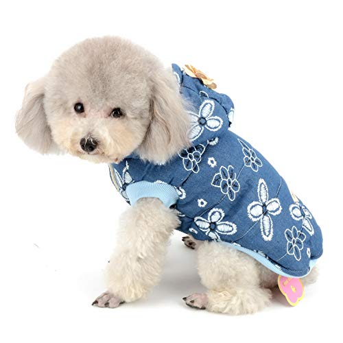 Selmai Denim Dog Winter Coat Hoodie Fleece Lined Small Pet Warm Down Jacket Fashion Floral Printed Girls Dog Cold Weather Coats Vest Hooded Thickening Padded Windproof Pet Parka Clothes Darkblue S #TOP1