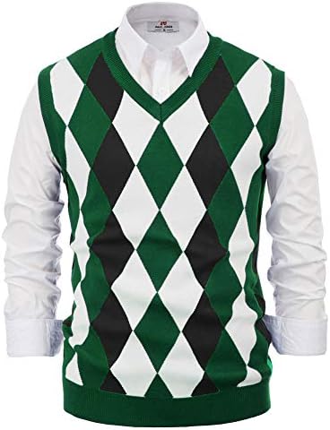 PJ PAUL JONES Mens Argyle Knit Golf Sweater Vest V Neck Sleeveless Pullover Knitwear Green M
