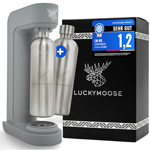 Luckymoose Infinity Wassersprudler mit 2x 1,25L langlebigen, spülmaschinenfesten Edelstahlflaschen – CO₂-sparende Sprudelwasser Maschine – Kompatibel mit den blauen 60l CO₂-Zylindern