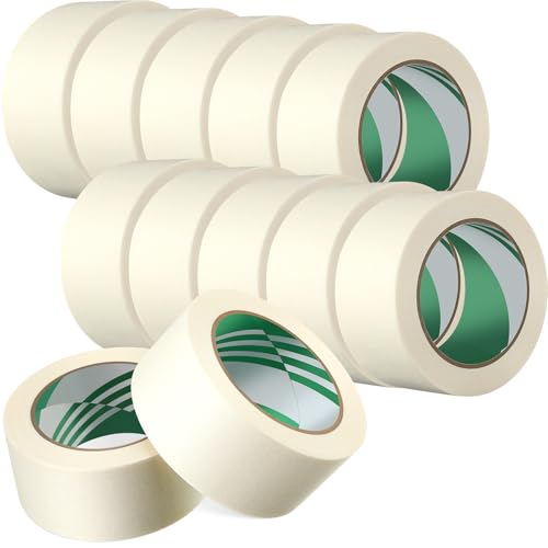 Image of Frienda 12 Rolls Wide Masking Tape 2 Inches x 50 Yards Painters Tape General Purpose Painting Tapes Bulk Easy to Remove for Home School Office Painting Labeling DIY Art and Crafts (Beige White)