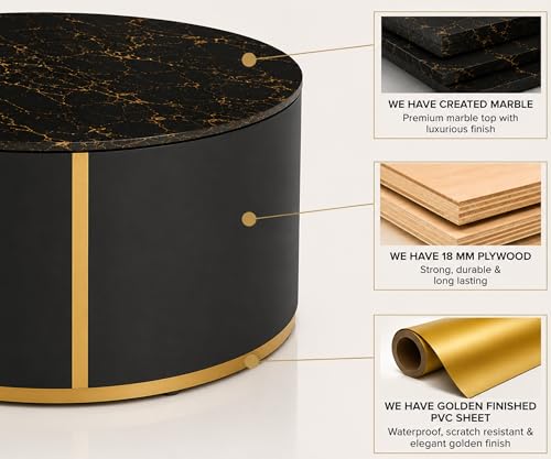 Image of Marble Top Royal Crest Round Center Table | Premium Marble Top Coffee Table for Living Room | Modern Luxury Design 36x36x17 Inch (White)