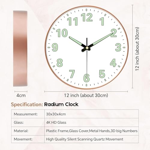 Image of WHISKET - 12 Inch | Radium Silent Sweep Clock| Decorative Analog Wall Clock | Glow in Dark Numbers| Silent Movement for Living Room & Office. (Radium White Round)