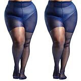 HONENNA 2 Pairs Plus Size Sheer Tights for Women, 17 Colors Ultra Thin Pantyhose Reinforced Toes High Waist Stockings, Navy Blue 2 Pairs 3XL-4XL
