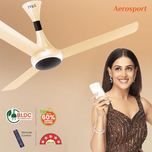 Image of IVAS Aerosport 1200 mm BLDC Ceiling Fan | Remote Control | BEE 5 star Rated,Upto 60% Energy Saving |6 Speed, 385 RPM,High Air Delivery with LED Indicators | 5 Year Warranty* (Pack of 1, Pearl Ivory)