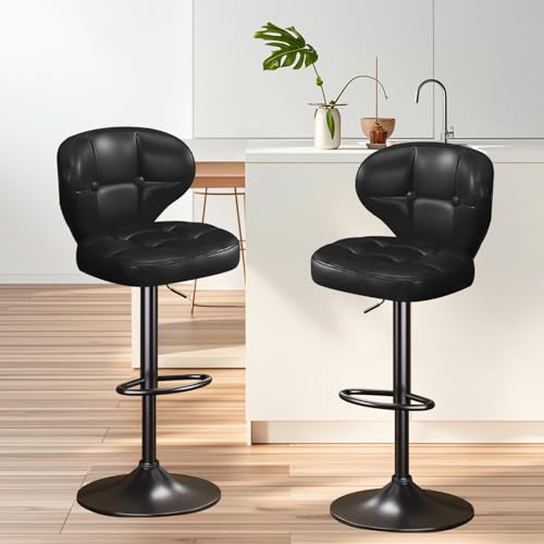 Image of Modern Bar Stools Set of 2, Adjustable Swivel Upholstered Full-Back Counter Height Bar Chairs for Kitchen Island, Dining Room, Bar Black