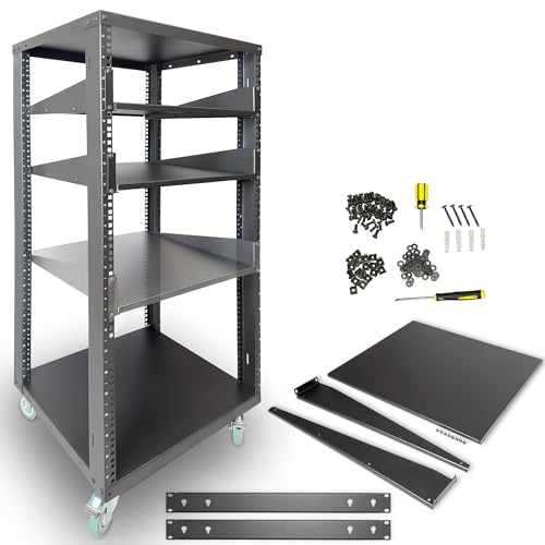 AxcessAbles 22U Open Frame Network & AV Rack with Caster Wheels, Three 2U Shelves, 10-32 & Cage Nut Compatible Rails, Cage Nuts, Screws, Cage Nut Tool & Wall Mount Kit | 19-Inch Equipment Rack