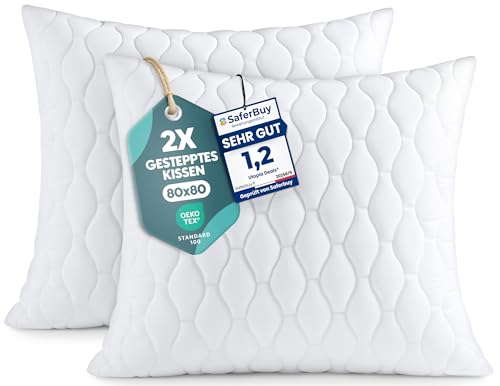 Utopia Bedding Kopfkissen 80x80 cm (2er Set), Gestepptes Kissen für Bett und als Dekokissen, Kissenfüllung, SofaKissen, Zierkissen für Couch (Weiß)