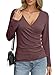 EasyGala Womens Long Sleeve Deep V Neck Tops Wrap Ruched Slim Fit Shirts Button Side Blouse Sexy Going Out Tops Fall Outfits 2025 Burgundy X-Large