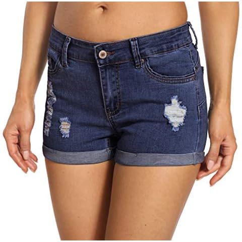 V VOCNI Roll Cuff Denim Jean Shorts for Women Summer Casual Beach Hot Shorts Dark Blue Small Cover