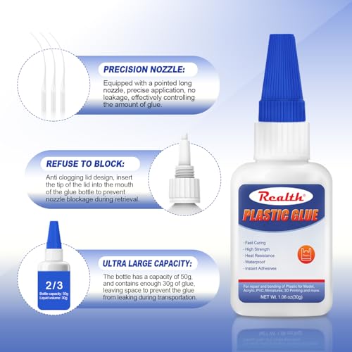 Kunststoffkleber Extra Stark | 30g Starker Klarer Kleber für Kunststoff | Soforttrocknend Hitzebeständig | Geeignet für Modell, Acryl PVC Miniaturen 3D-Druck | mit Anti-Clog Kappe (PG30)