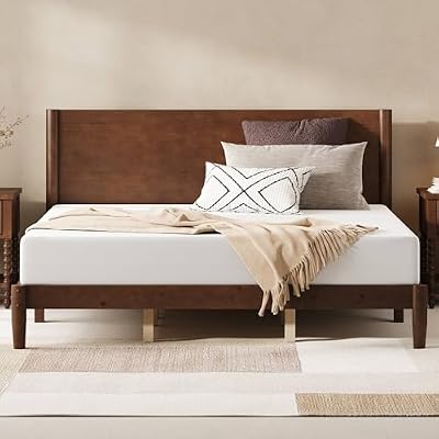 AMERLIFE Solid Wood King Bed Frame, Mid Century Bed with Headboard, Walnut