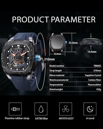 Image of TSAR BOMBA Luxury Mechanical Watches for Men with Carbon Fiber Case Men Wristwatch Luminous 5ATM Water Resistant Men's Watch with Fluorine Rubber Strap Great Gifts for Men