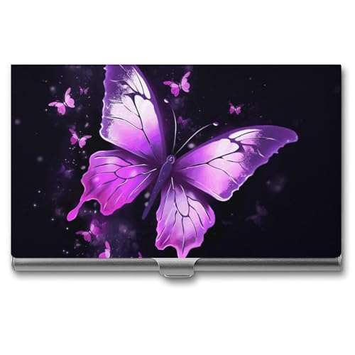 Slim Metal Business Card Holder - Butterfly Purple Aluminum Alloy Card Case with Buckle Closure, Holds 20 Cards & Cash, Professional Credit Card Size ID Holder for Men Women Gift