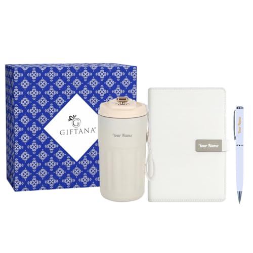 Image of Giftana 3 in 1 Personalized Diary, Pen & 420ml Coffee Tumbler Set (White)