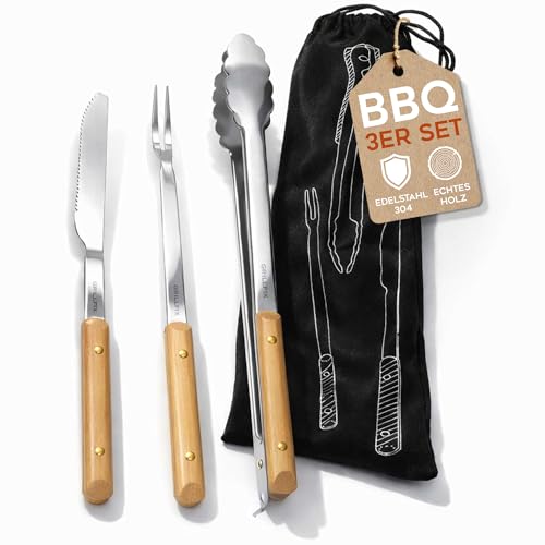 GRILLFIX BBQ Grillbesteck Set 3-teilig – Grillzange Edelstahl 38 cm mit Holzgriff, Grillmesser & Fleischgabel, extra Lange Küchenzange Kochzange für Grill, Küche, Papa Geschenk Vatertag 1