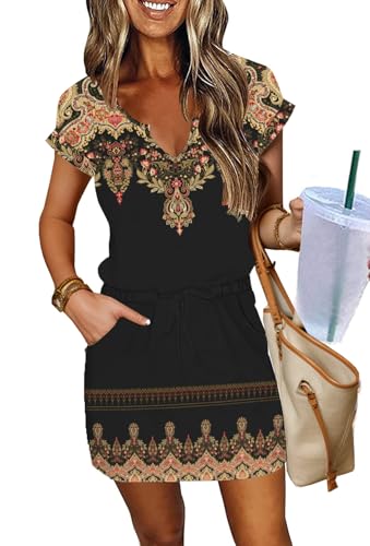 Image of SAUKOLE Women Summer T Shirt Dress Casual Short Sleeve V Neck Dress with Pockets Drawstring Waist Short Dresses