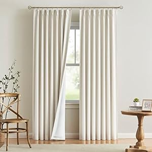 Vision Home Natural Pinch Pleated Full Blackout Curtains Linen Blended Room Darkening Window Curtains 95 inch for Living Room Bedroom Thermal Insulated Pinch Pleat Drapes with Hooks 2 Panel 40″Wx95″L