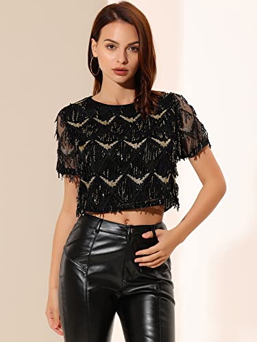 Allegra K Women's Sequin Shiny Glitter Crop Top Christmas Short Sleeves Sexy Party Tassel T-Shirt3