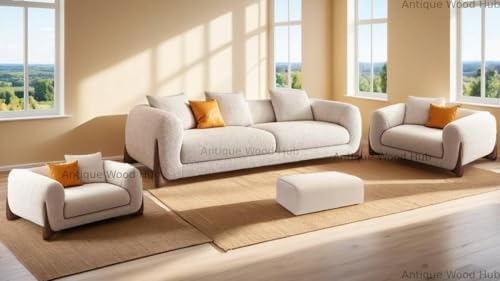 Image of Modern Off-White Boucle Upholstered Sofa Set with Stylish Wooden Legs Sofa for Living Room, Bedroom, Hallways (3+1+1+ Ottoman)