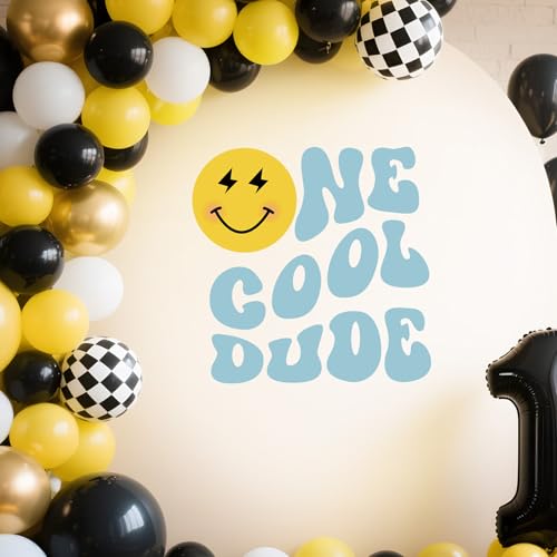 One Cool Dude 1st Birthday Decorations - Happy Face Sign Decal for Balloons Arch Backdrop, Blue First Birthday Decorations for Boy, One Year Old Wall Decor, 1St Party Supplies Banner for Boy Girl