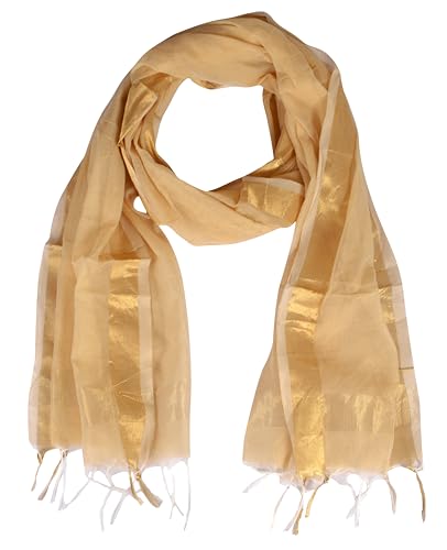 Image of YOUTHQUAKE Women's Chanderi Plain Silk Dupatta with Golden Border & Tassels