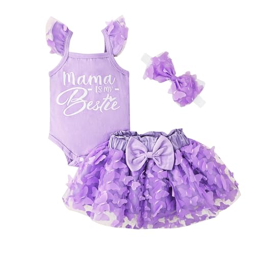 Image of CETEPY Baby Girl Clothes Summer Outfit Butterfly Puffy Mesh Skirt Ruffle Sleeveless Romper with Headband Set 0-12 Months