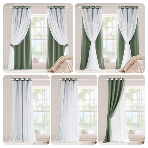Image of PONY DANCE Room Darkening Curtains with Sheer Overlay, 2 Panels | Double Layer Drapes for Living Room, Grommet Thermal Insulated Curtains for Bedroom, 52 x 84 Inch, Sage Green
