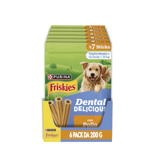 PURINA FRISKIES Dental Delicious Snack per l'Igiene Orale per Cani Adulti con Pollo Stick 6 Confezioni da 200g