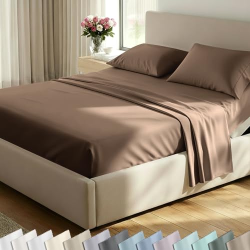 Image of California Design Den Split King Cotton Sheets Set - Luxury 600 Thread Count, 100% Cotton Sateen, Split King Sheet Sets, Deep Pockets, Soft and Durable Bedding - Mocha