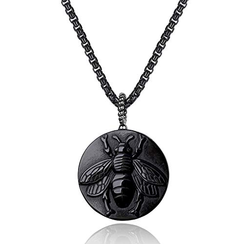 COAI Black Obsidian Necklace for Men Women, Bee Pendant Crystal Necklace