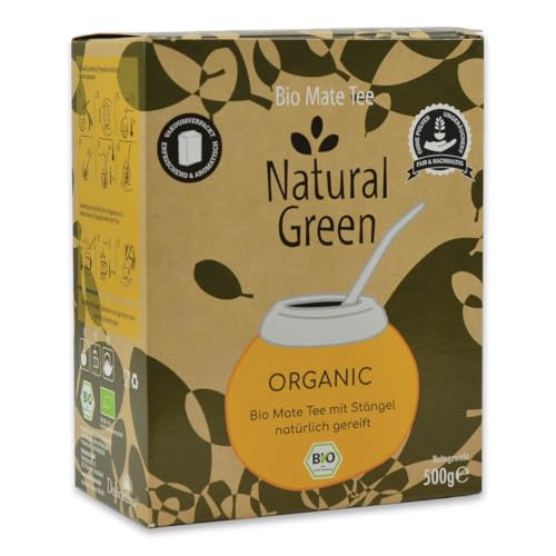 Delicatino - Yerba Mate Orgánica Natural Green (Con Palo) 500g - Certificada DE-ÖKO-006 - Secado Sin Humo - Sabor Intenso y Aromático