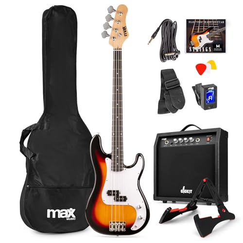 Max GigKit - Pack completo de bajo eléctrico Sunburst con amplificador de 40W, soporte, funda, afinador, cable y cuerdas, ideal para principiantes, práctica en casa o ensayos en estudio