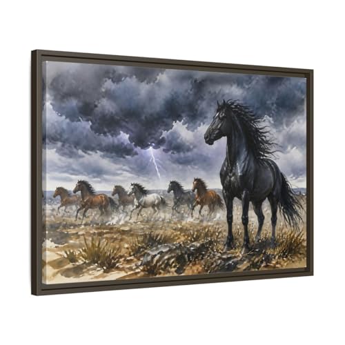 Toile Canvas Chevaux Sauvages Premium avec Cadre Espresso 3cm