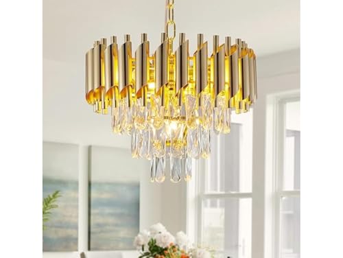 Image of Modern 3-Tier Crystal Chandelier Decorative Pendant Crystal Jhumar | for Home| Chandelier for Restaurant | Jhoomar for Hotel | Light Fixture (Gold, 300MM) F