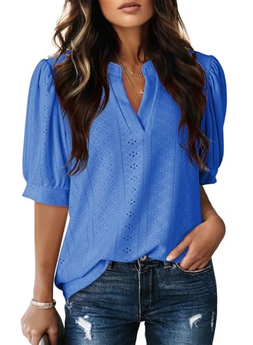 Image of Dokotoo Womens Blouses V Neck Puff Short Sleeve Business Casual Tops
