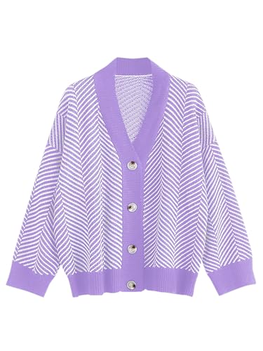 Image of ZAFUL Women's Striped Cardigan Button Up Open Front Knit Oversized Sweater | Button down, Soft chunky knit, Lightweight, Loose fit, Long lantern sleeve, Casual Daily Going Out, Fall Winter Outfits