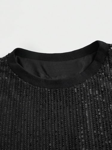 WDIRARA Men's Glitter Sequin Round Neck Sweatshirt Long Sleeve Solid Pullover Top4