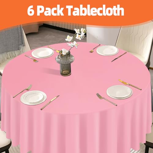 Image of tujol Pink 6 Pack Plastic Table Cloth 84 inch, Disposable Round Tablecloth Table Cover, Plastic Tablecloths for Parties