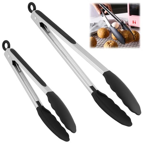 Pinze Da Griglia in Acciaio Inox E Silicone, Resistente Al Calore, 27.5 Il 34,5 Cm, Ustensile Da Cucina Con Meccanismo Di Chiusura A Scatto E Impugnatura Ergonomica, Nero Pinze Da Cucina Silicone