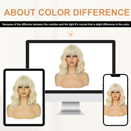 Image of AGO Blonde Wig with Bangs Short Curly Bob Wigs 14Inch Platinum Blonde Wigs Wavy Hair for Women Colorful Cosplay Wig Heat Resistant Fiber Hair for Daily Party Halloween Costume Use(60A /88#Blonde)