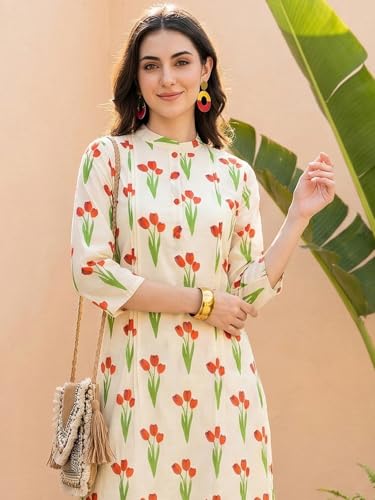 Image of INDO ERA Women Cotton White Printed Straight Kurta Pant Set