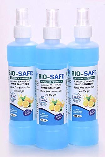 BIO SAFE 80% Alcohol Hand Sanitizer WHO recommended Formula Lemon Enriched - 250 ml (pack of 3)