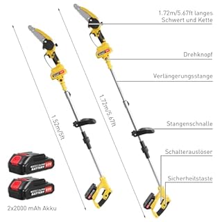 2 en 1 Tronconneuse Télescopique Elagueuse sur Perche sans Fil, Mini Tronconneuse à Batterie 4000mAh, Coupe Branche Electrique avec Système de Lubrification et Tête Pivotante à 90° pour Jardin