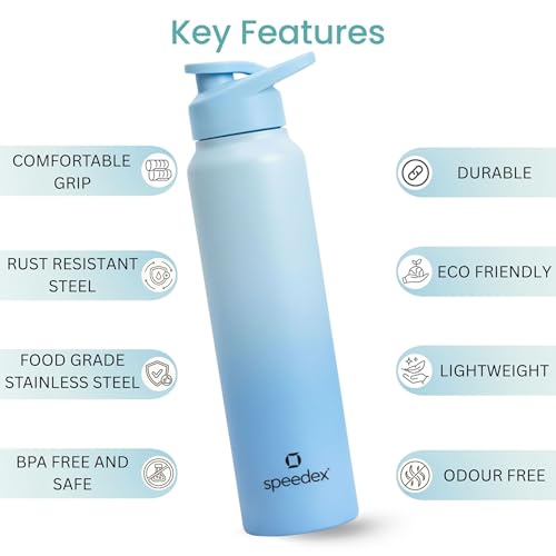 Image of Speedex Stainless Steel Water Bottle 1 Ltr, Leak Proof Sipper Cap, BIS Approved 1000 ml Metal Bottle For Daily, Office, School, Gym, Travel Use for Men, Women, Kids, Adults, Dual Blue, Set of 3