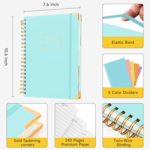 Huhuhero Lined Spiral Notebook Journal, 5 Subject Notebook with Dividers, 7.6\" x 10.5\", 240 Pages Hardcover Journals for Women Men Writing Work Note Taking, Office School Supplies (Green)