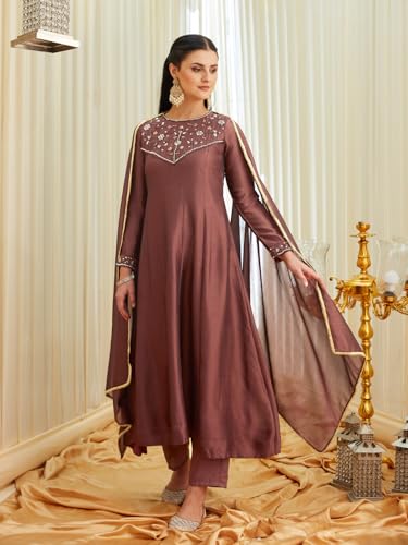 Image of MOKOSH Women's Silk Hand Work Anarkali Kurta Pant with Dupatta | Anarkali Kurta Pant | Embroidered | Round Neck Full Sleeve | 3 Piece Outfit | Ethnic Wear