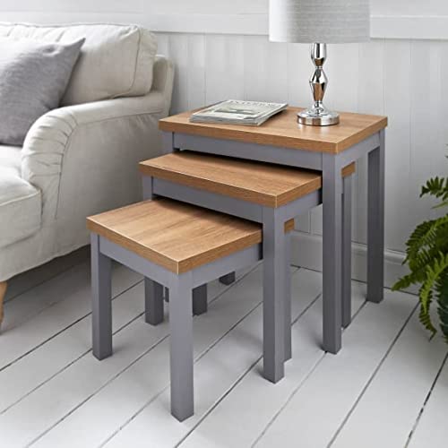 fiz FIZPORIUM Millbrook Nest of 3 Tables Oak Finish Tops with a Grey Finish Coffee Side Table Grey Style To Any Living room, W60 x D40 x H58cm (sd2587)