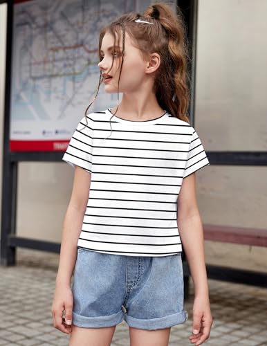 Image of Arshiner Girls Shirt Crop Tops Short Sleeve Summer Drop Shoulder Batwing Sleeve Crewneck Loose T Shirt Tee